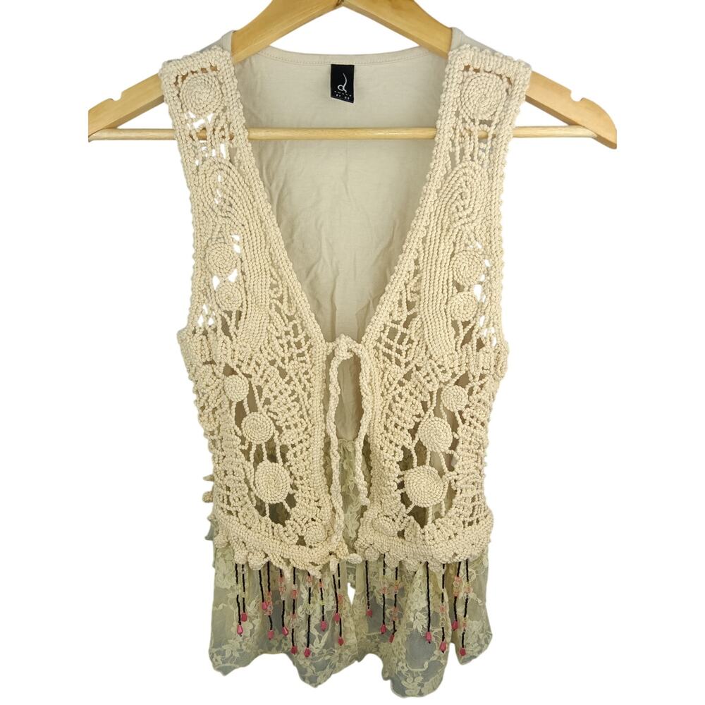 Awake by Os Cream Crochet Vest with Lace And Beaded Fringe Festival Wear
